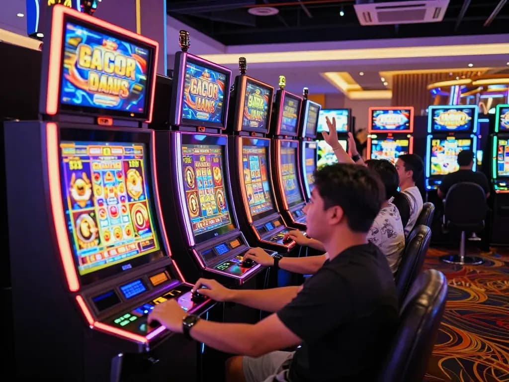 Players enjoying slot gacor action at vibrant casino with colorful machines and dynamic atmosphere.