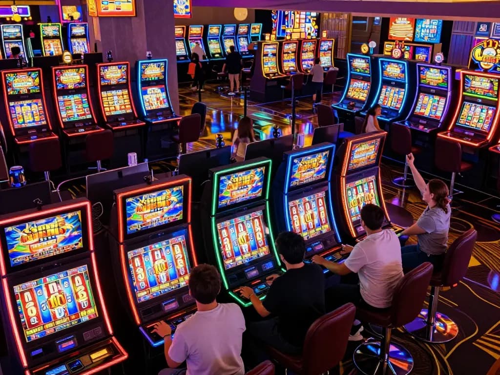 Engaging players celebrate wins at colorful slot machines in a lively casino, showcasing the thrill of slot depo 1k gaming.