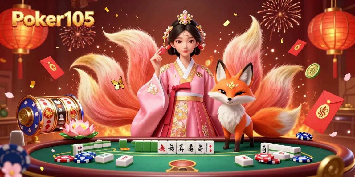 Experience thrilling gameplay at Poker105 with a lively 3D scene featuring a graceful Asian woman, poker table, and lucky elements.