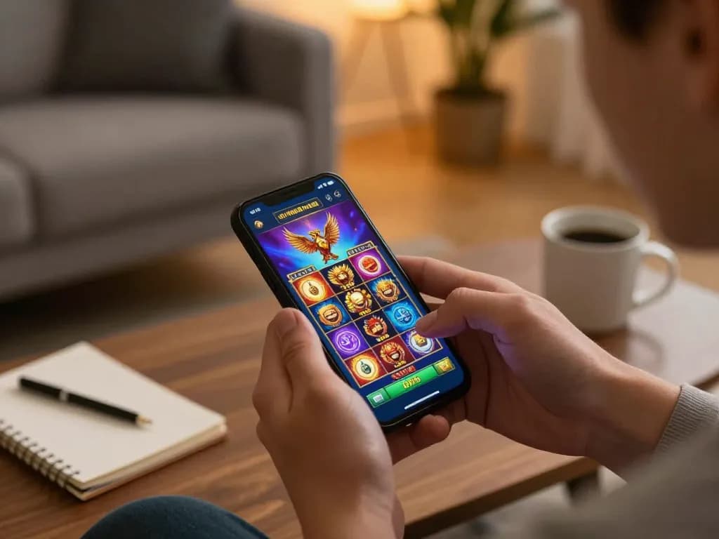 Engaging in garuda slot gameplay on a smartphone in a cozy home setting
