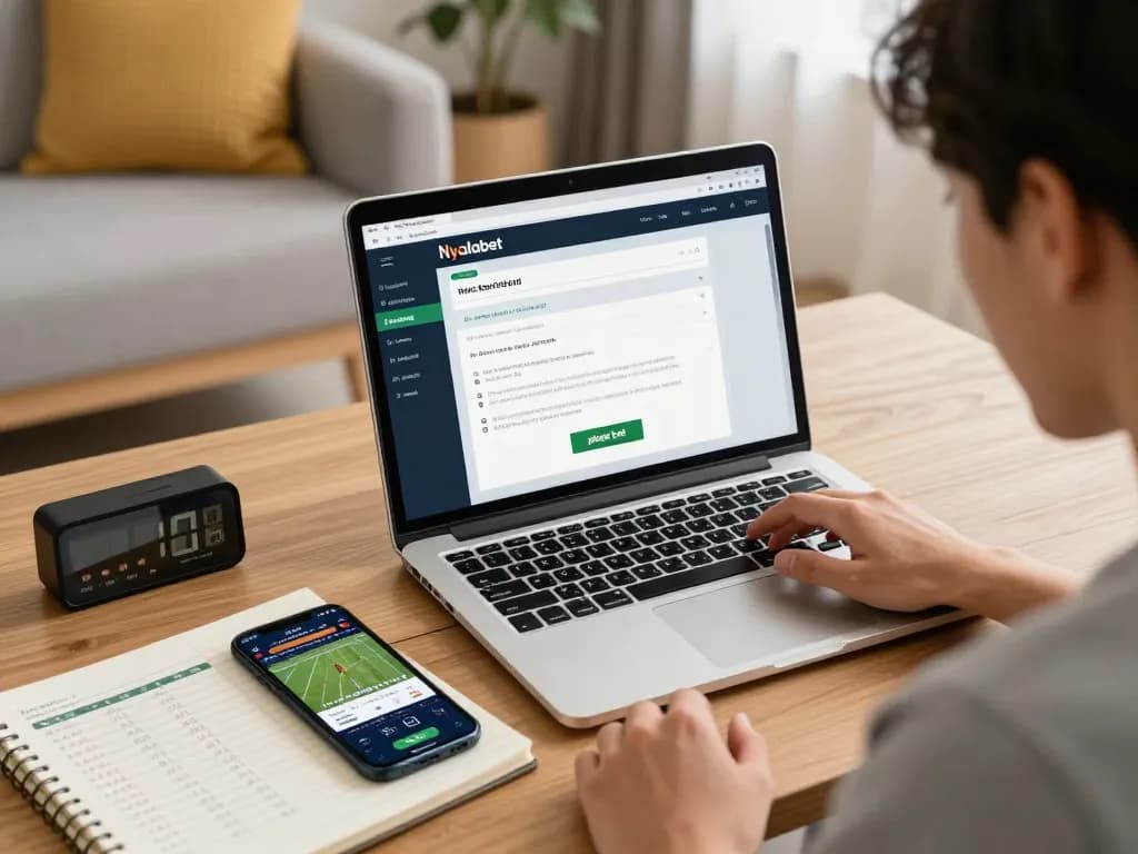 Nyalabet user engaging with sports betting interface at home, showcasing strategic gameplay.
