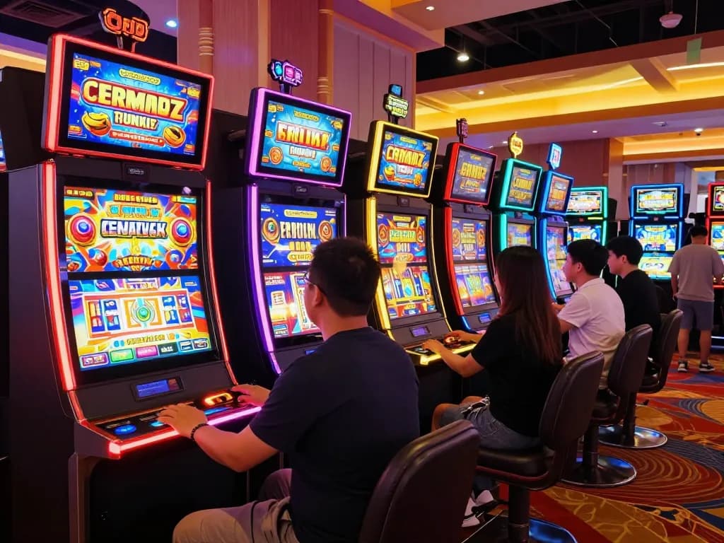 Engaged players enjoying slot 777 games at vibrant casino machines.