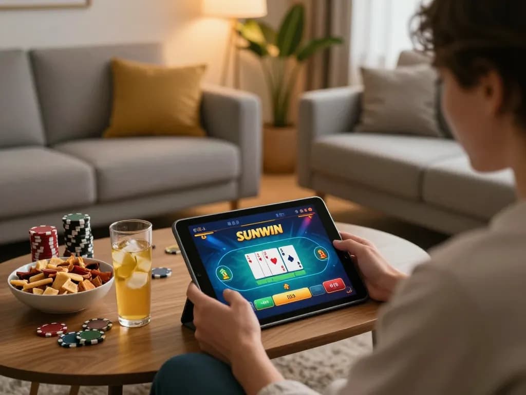 SUNWIN player engaging with a poker game on a tablet in a cozy home environment