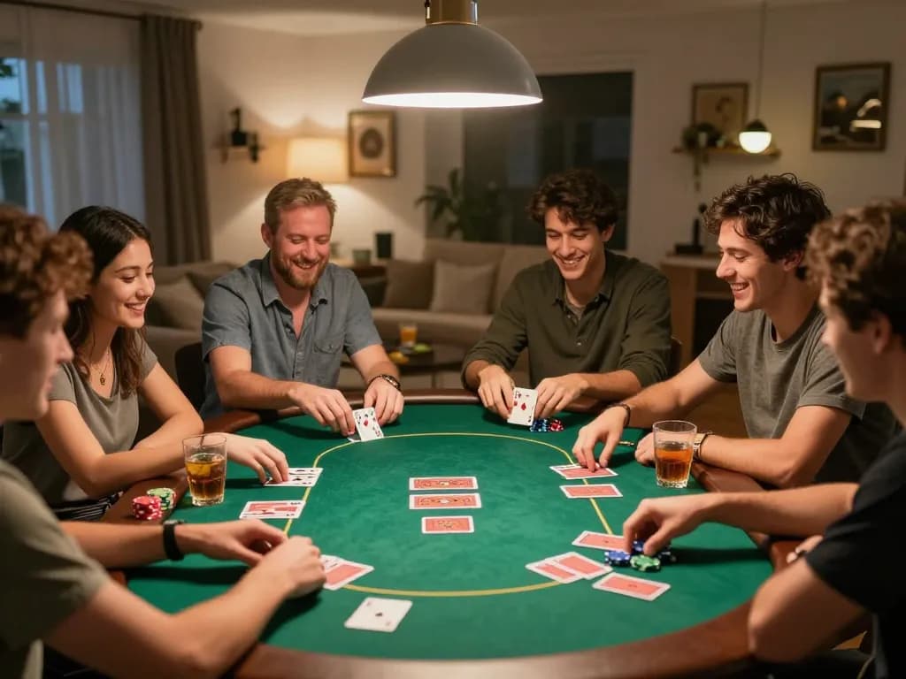 Friends enjoying a poker night at home, showcasing the excitement of ATQ com gaming experience.