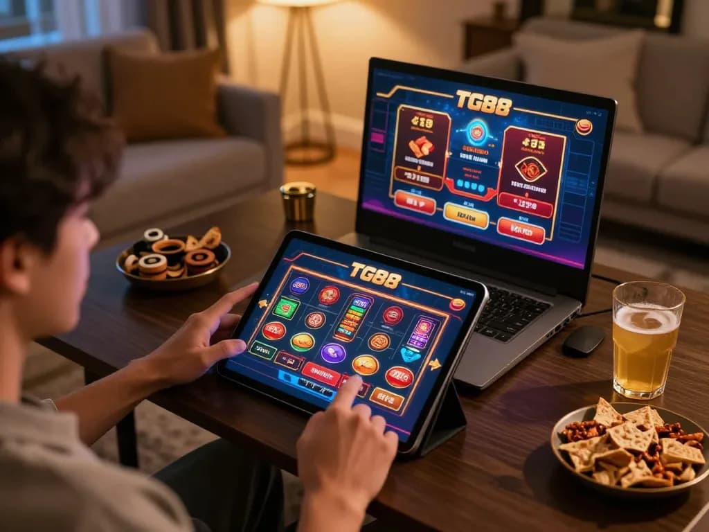 Player engaging with TG88 casino games on a cozy tablet setup, reflecting online gambling excitement.