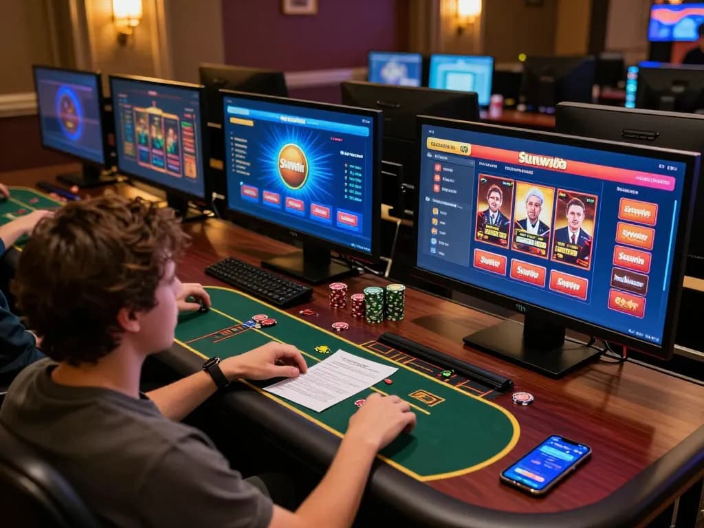 Engaged player experiencing Sunwin online gaming interface with strategic notes at home.