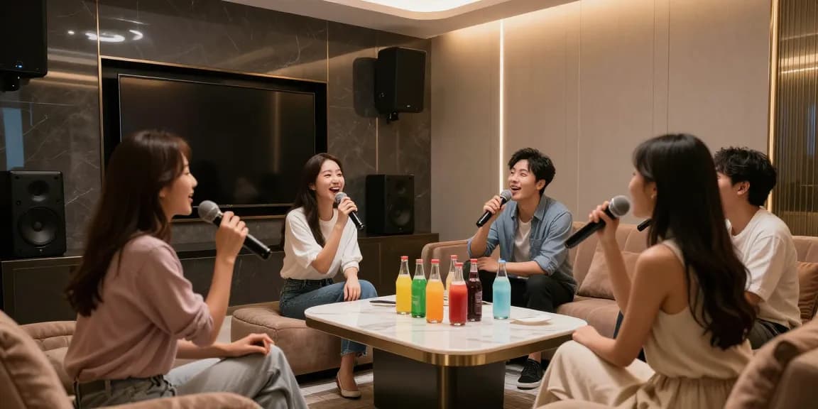 강남가라오케에서 고급스러운 분위기의 프라이빗 룸에서 친구들과 즐겁게 노래를 부르는 모습