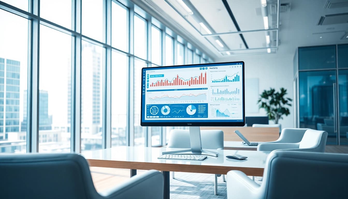 Utilize AI for competitor analysis in a modern office environment featuring data analytics and charts.