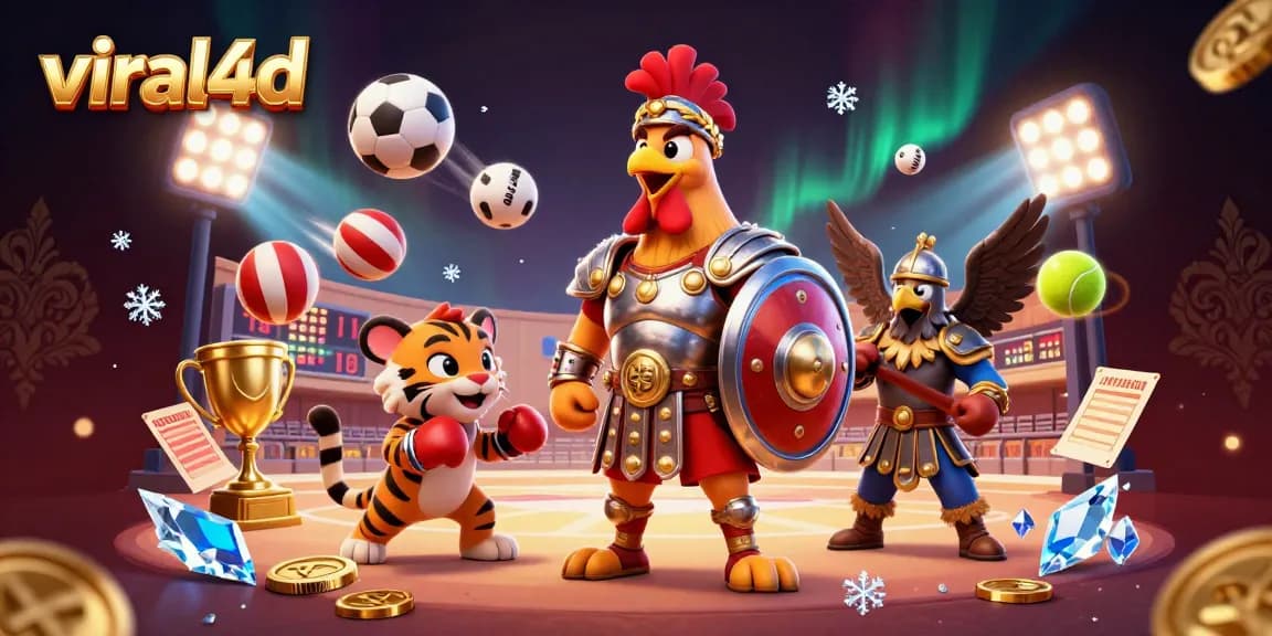 Experience thrilling wins with viral4d in an energetic casino arena, featuring a gladiator rooster, sports balls, and exciting game elements.