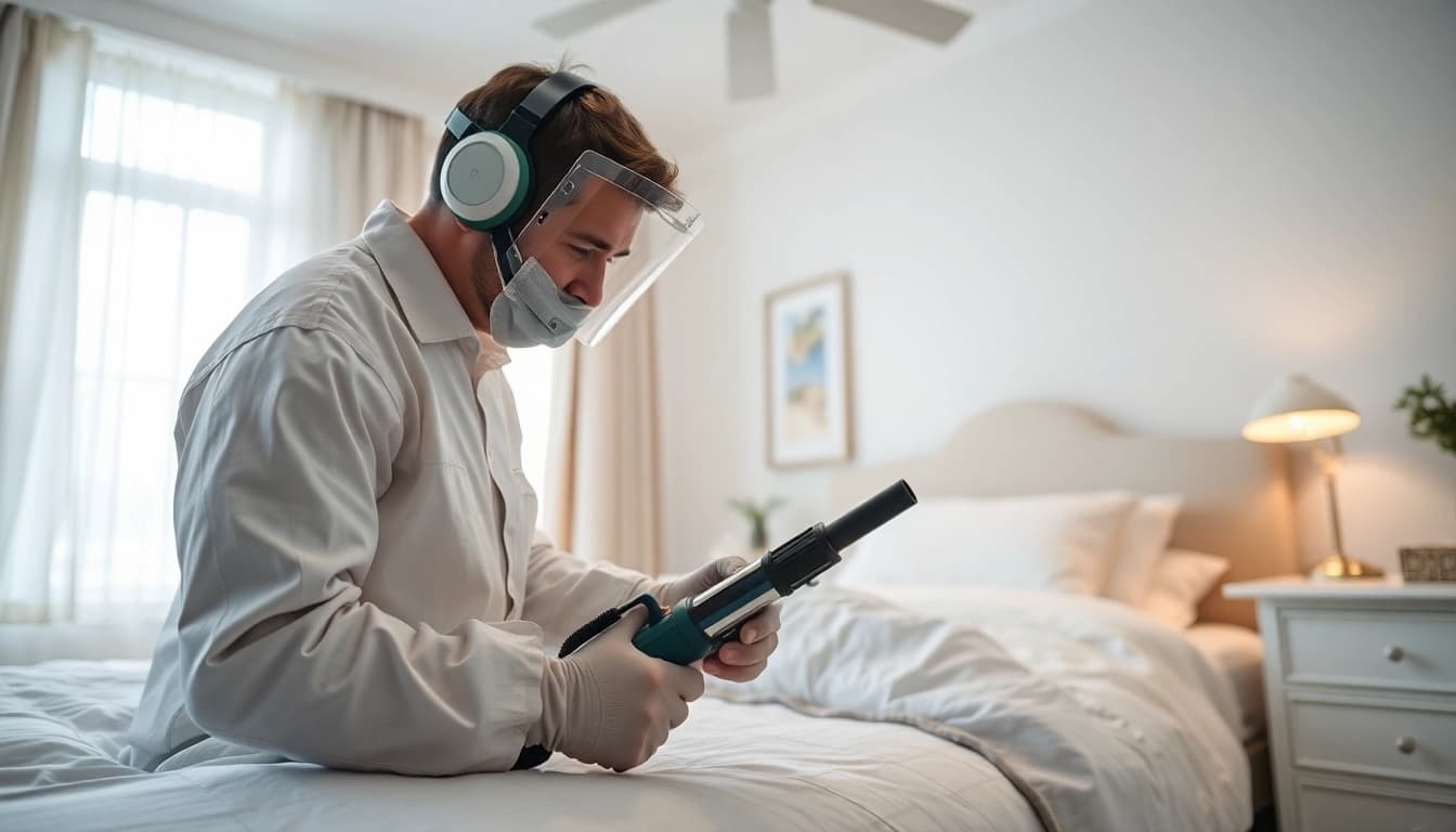 Expert conducting bed bug extermination near me in a clean, professional setting.