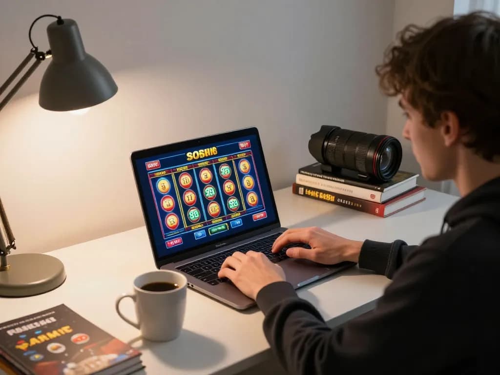 Engaging with slot88 on a laptop at home, demonstrating online gaming strategy and comfortable environment.