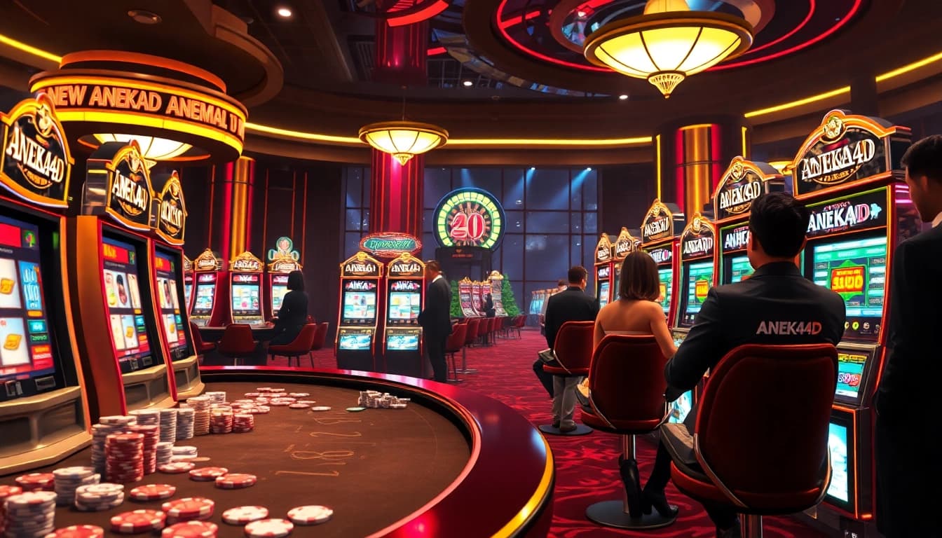 Para penjudi menikmati permainan seru di mesin slot ANEKA4D dalam suasana kasino mewah.