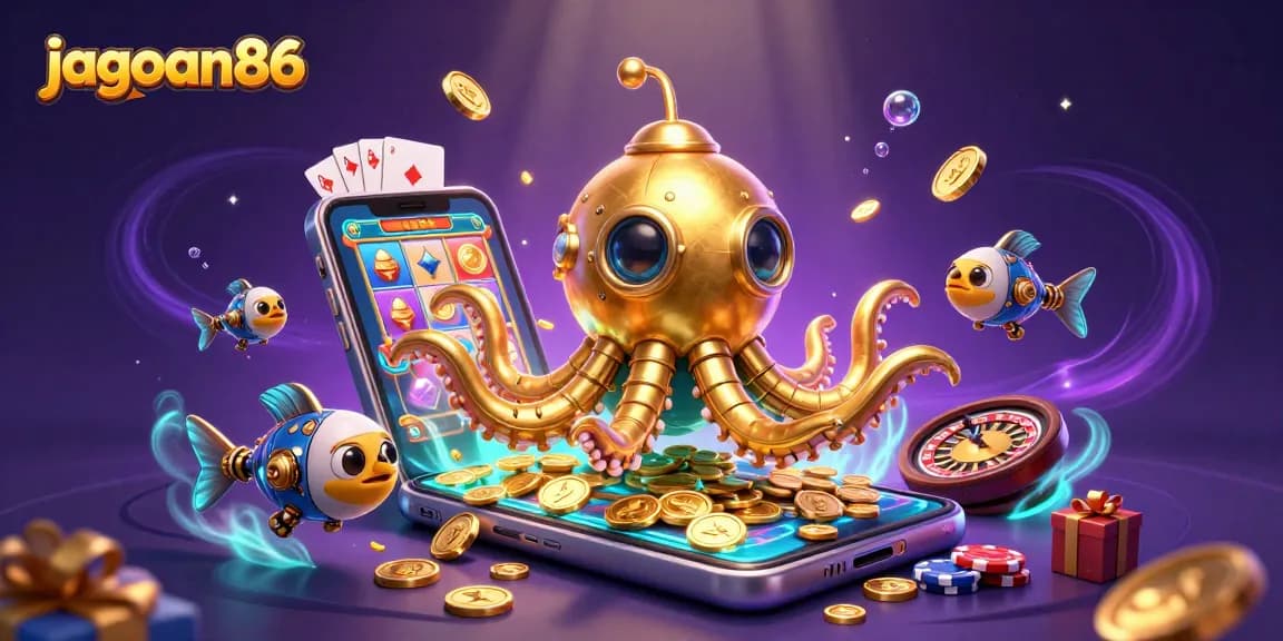 jagoan86's colorful slot action with a golden kraken submarine and mechanical fish swirling in coins
