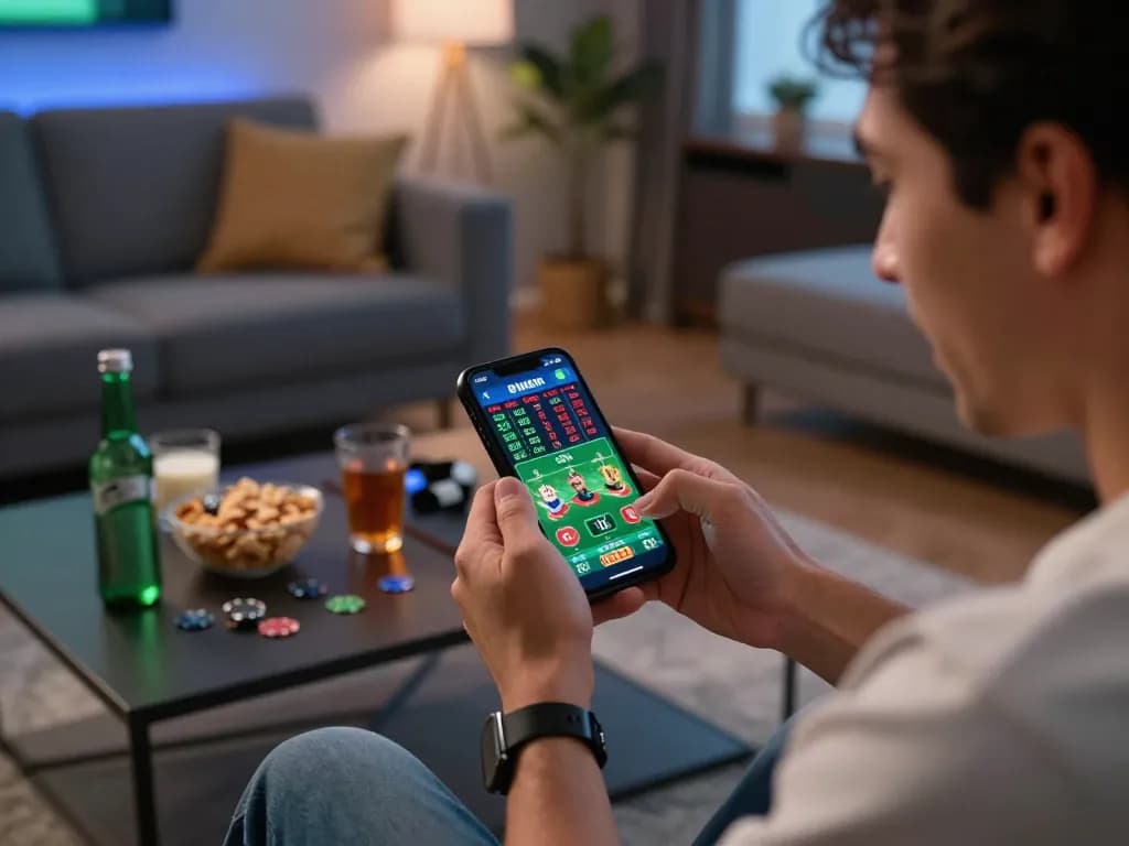 Engaging in sports betting action with TG88 app on smartphone in comfortable home setting