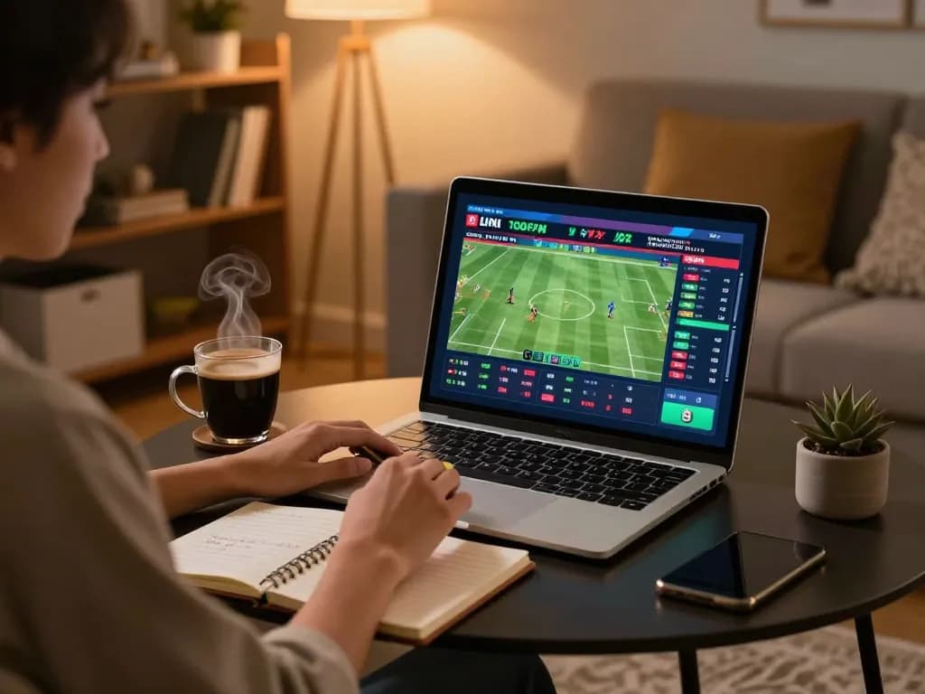 Betting on live sports with OK FUN in a cozy home setting, laptop and notebook visible