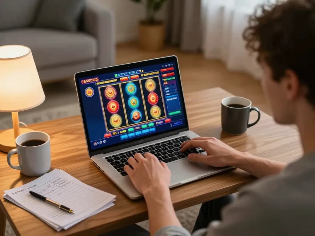 Player engaging with Nk88 online casino game on laptop in cozy home setting.