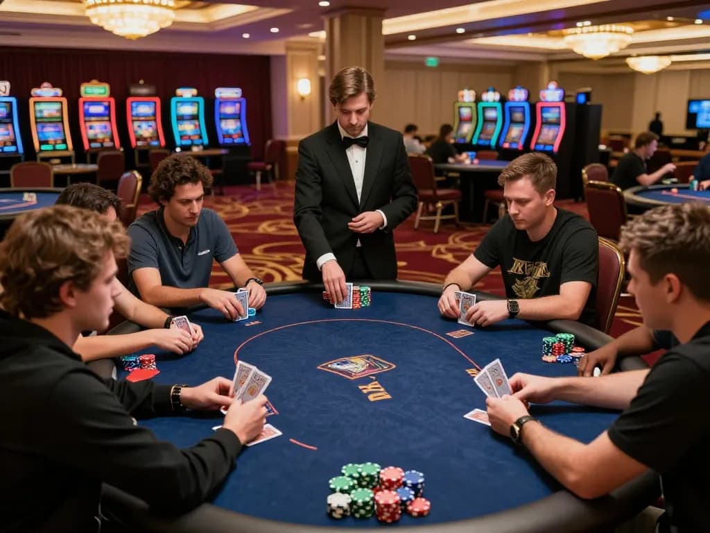 Các người chơi tham gia chiến lược với m88 link mới nhất trong một giải poker tại một sòng bạc sang trọng.