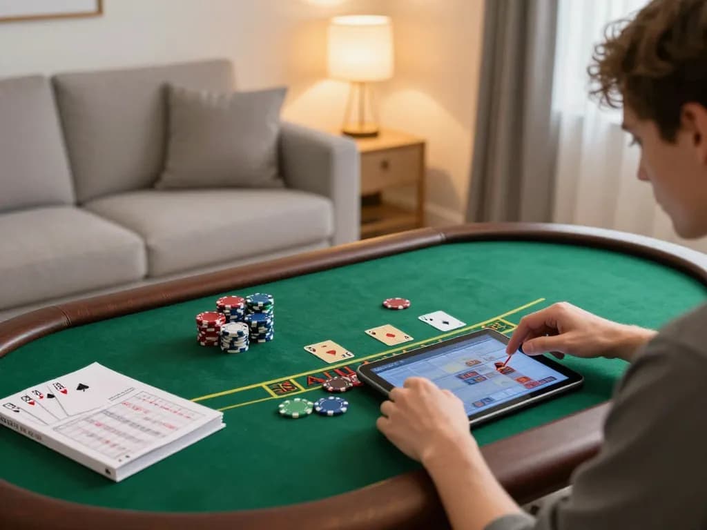 Engaged in online gambling, a player explores blackjack strategies on a tablet while managing bankroll.