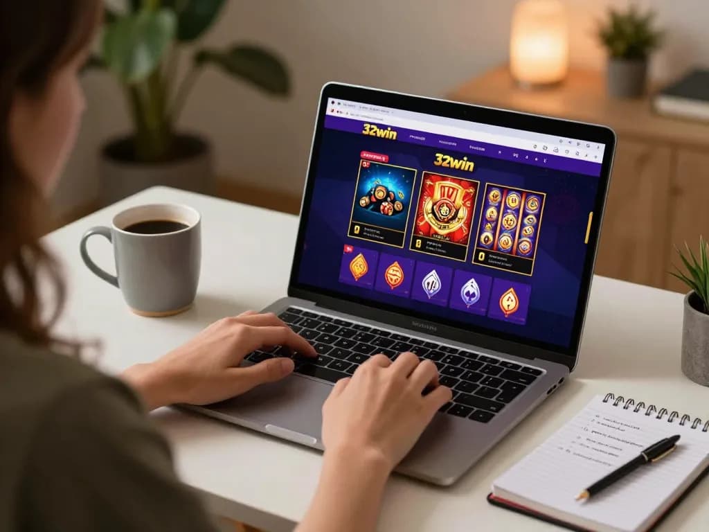 Engaging in online gambling at 32win with a cozy setup featuring a laptop and strategies at hand