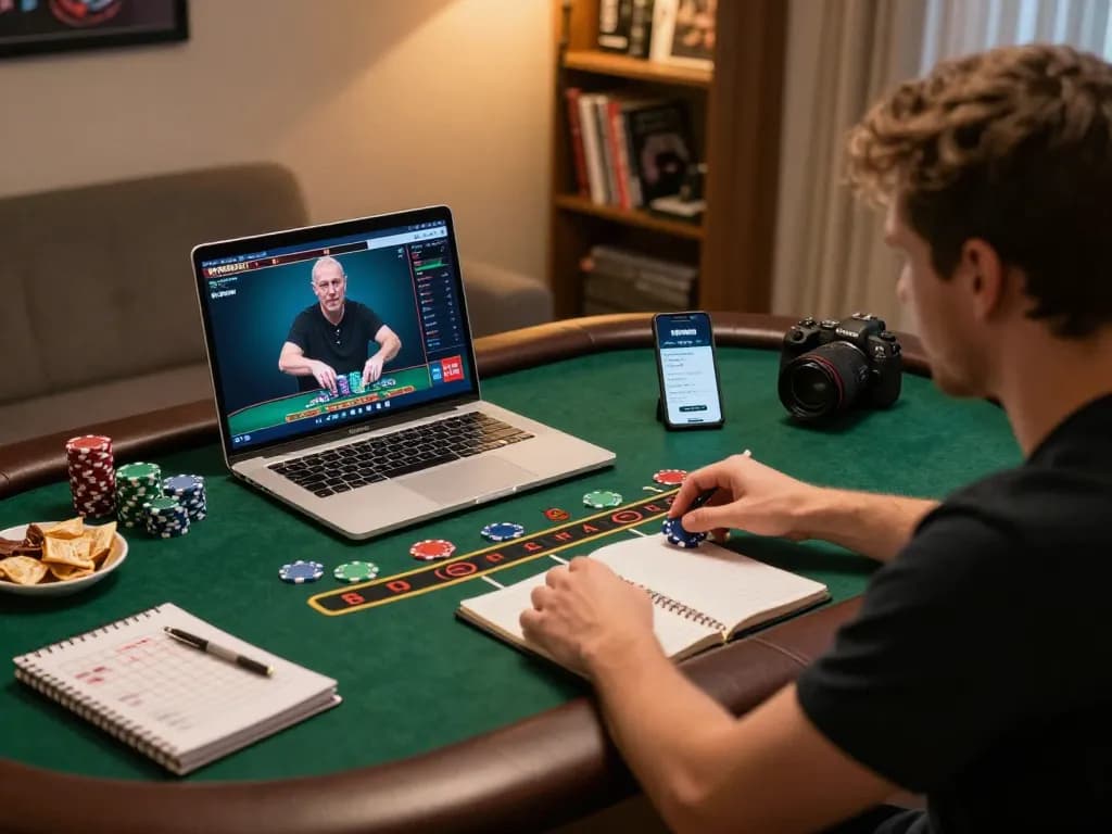 Engaged player using vipwin app on laptop for online blackjack, chips and strategy notes visible