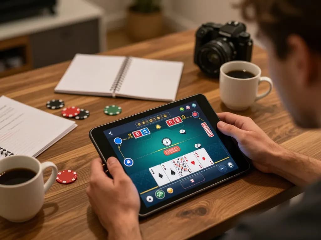 Engaging online gaming with okwin in cozy home setting while player strategizes