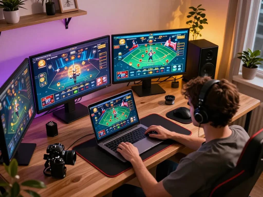 Player enjoying online casino games at home with TV88 on laptop and multiple screens, showcasing responsible gaming
