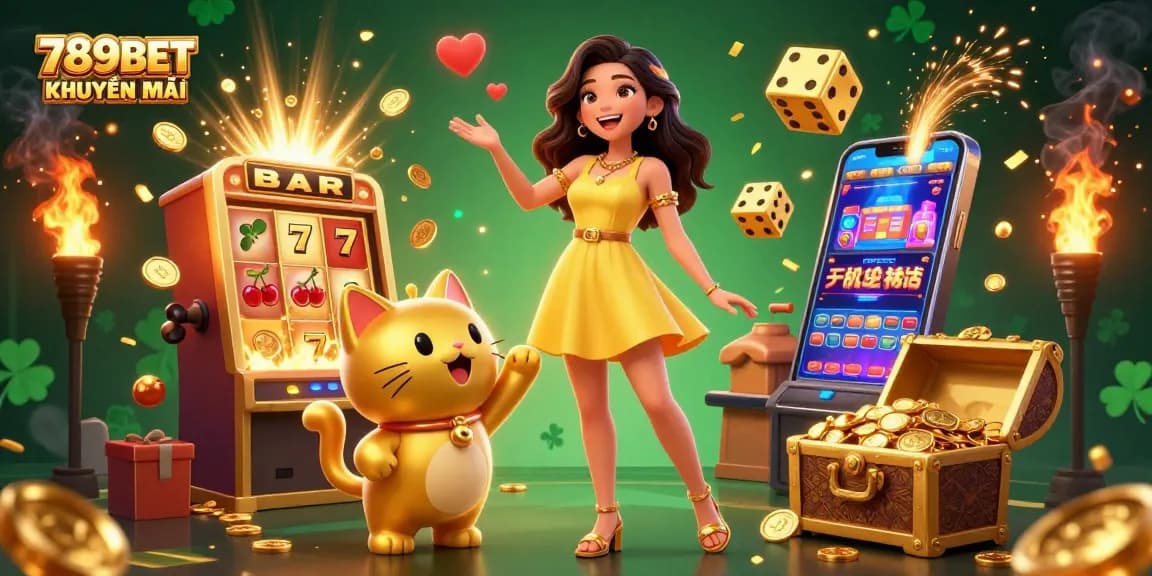 Play and win with 789BET KHUYN MI in this vibrant casino illustration full of excitement.