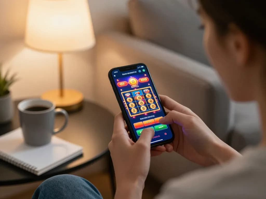 Engaged player enjoying sites not on gamstop on smartphone in cozy home setting