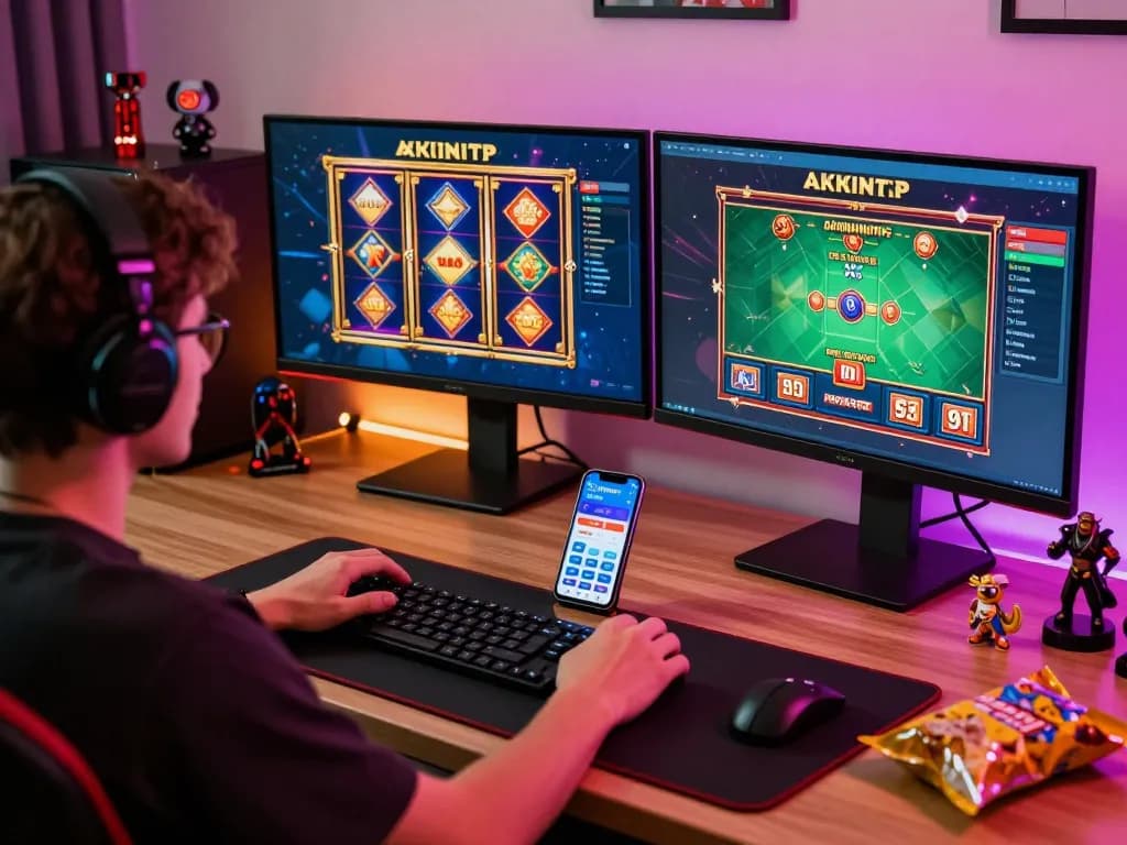 Engaging gameplay on Okwintv app with multiple casino games displayed on a modern desk setup