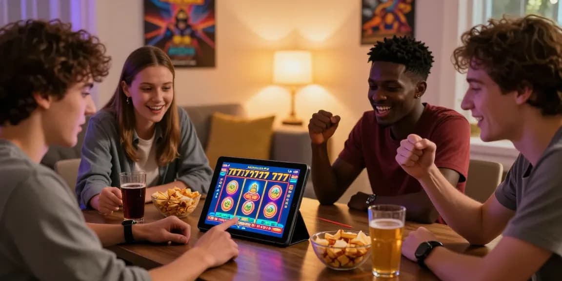 Friends enjoying slot777 games on a tablet in a cozy setting, capturing excitement and camaraderie.