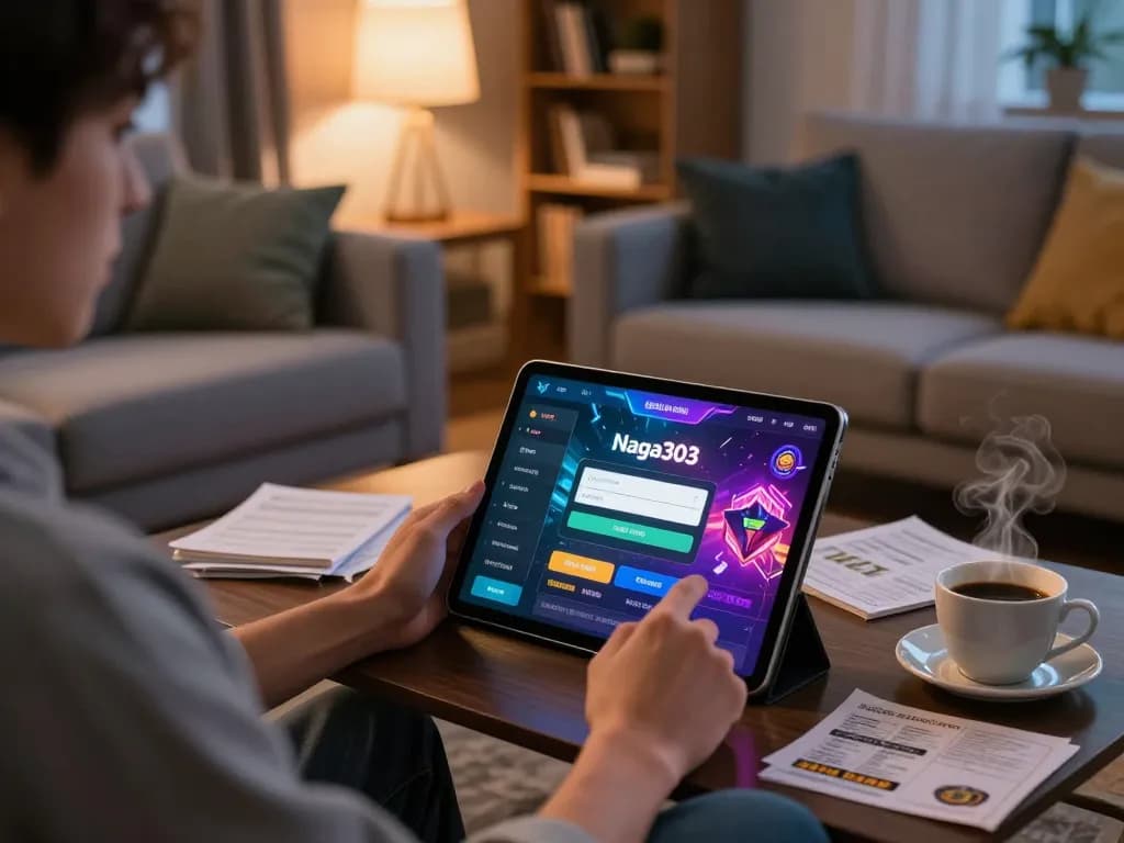 Naga303 login displayed on a tablet screen, capturing an online gambling experience in a cozy living room.