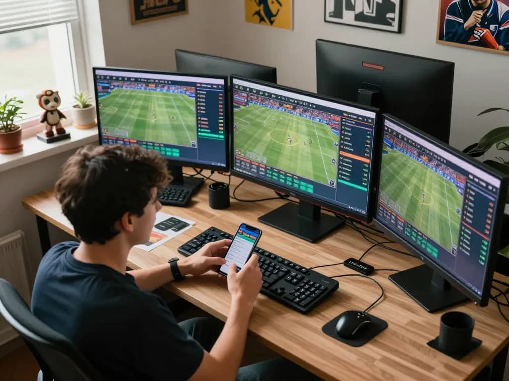 Engaged gambler using king33 mobile app for live sports betting with screens and odds displayed