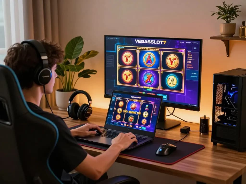 Player enjoying gaming on VEGASSLOT77 in a luxurious home office.