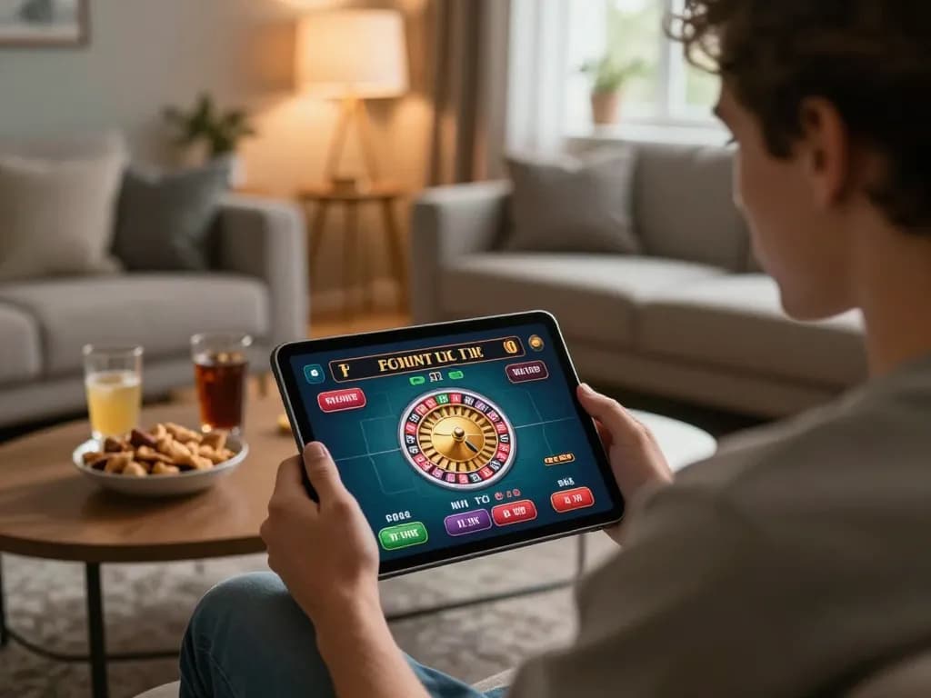 Engaging in online casino game slot88 on tablet in cozy living room setup