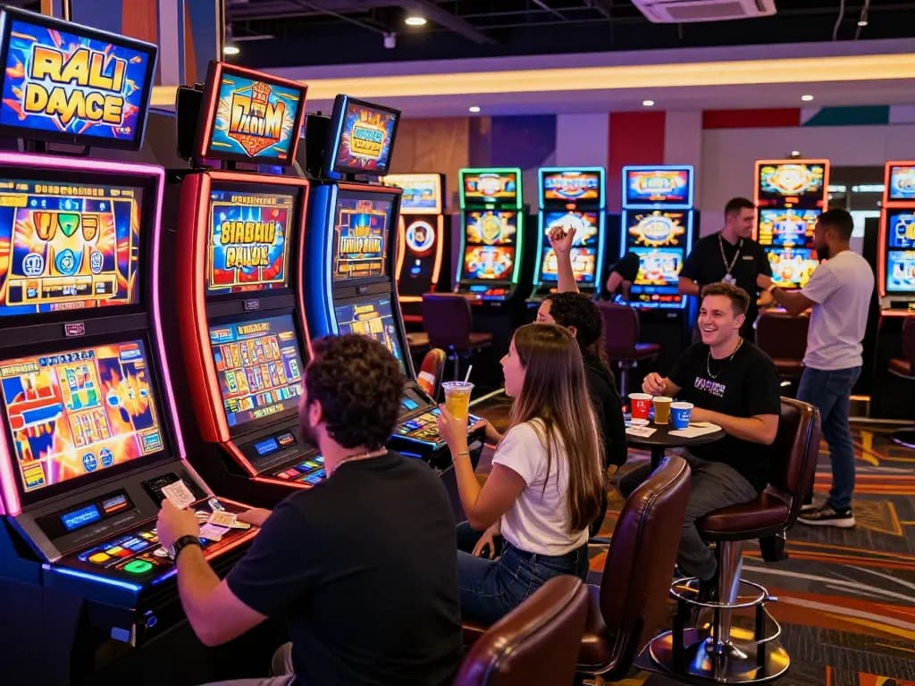 Pemain situs slot gacor menikmati suasana kasino yang hidup dengan mesin slot yang cerah.