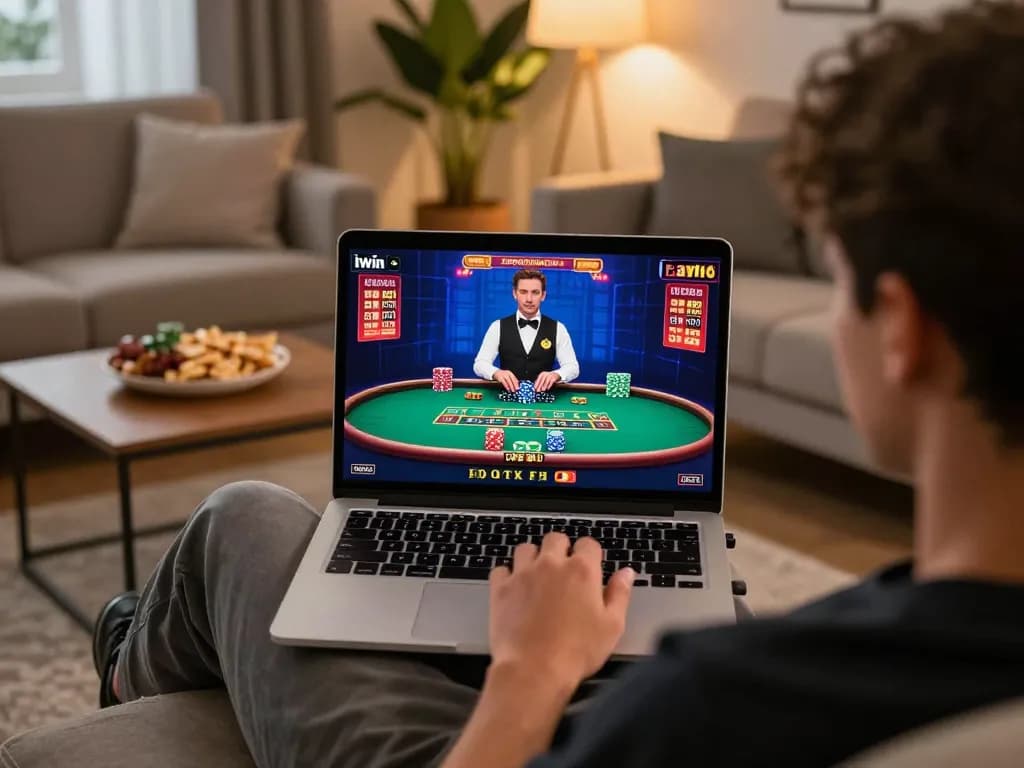 Iwin online gaming experience in a relaxing home setup with blackjack gameplay displayed on a laptop.