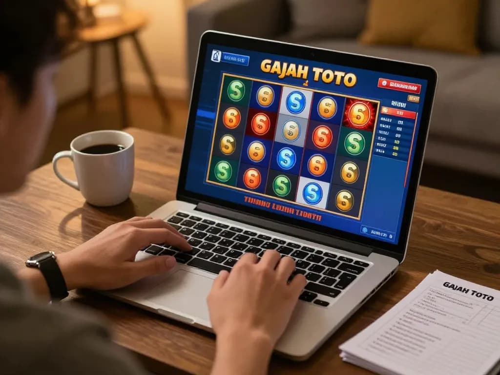 Engaging in Gajah Toto online gameplay on a laptop, showcasing slot game excitement.