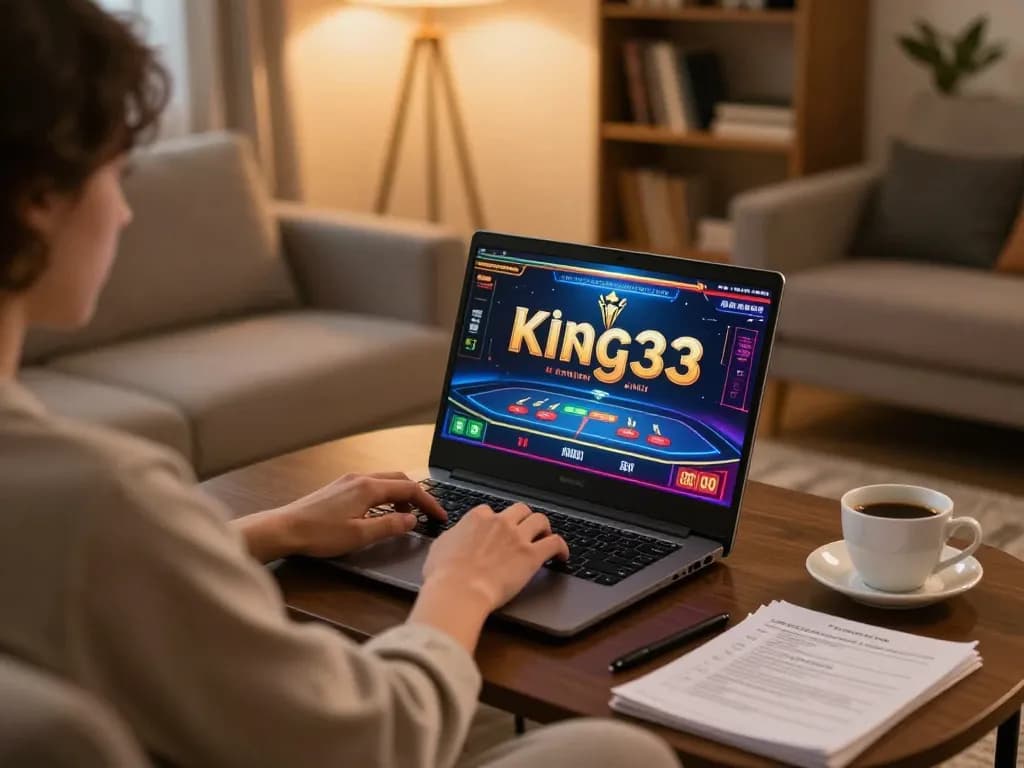 Engaged in king33 online gaming with a laptop, showcasing a cozy and strategic gaming environment.