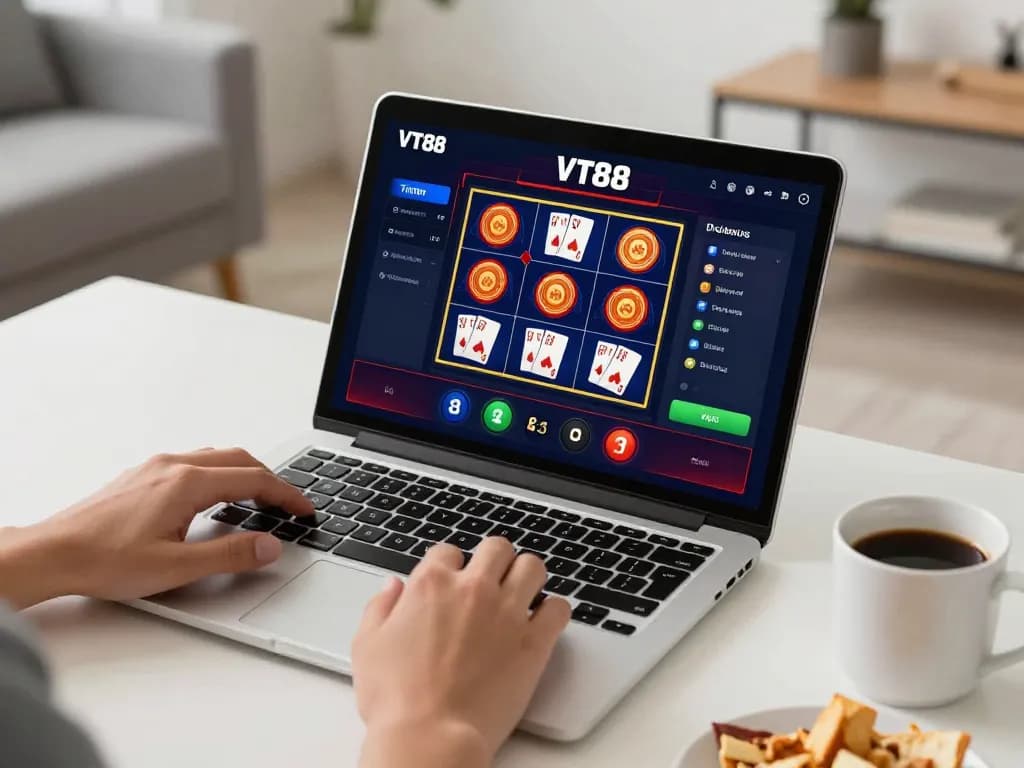 Engaging with VT88 online casino games on a sleek laptop in a cozy workspace.