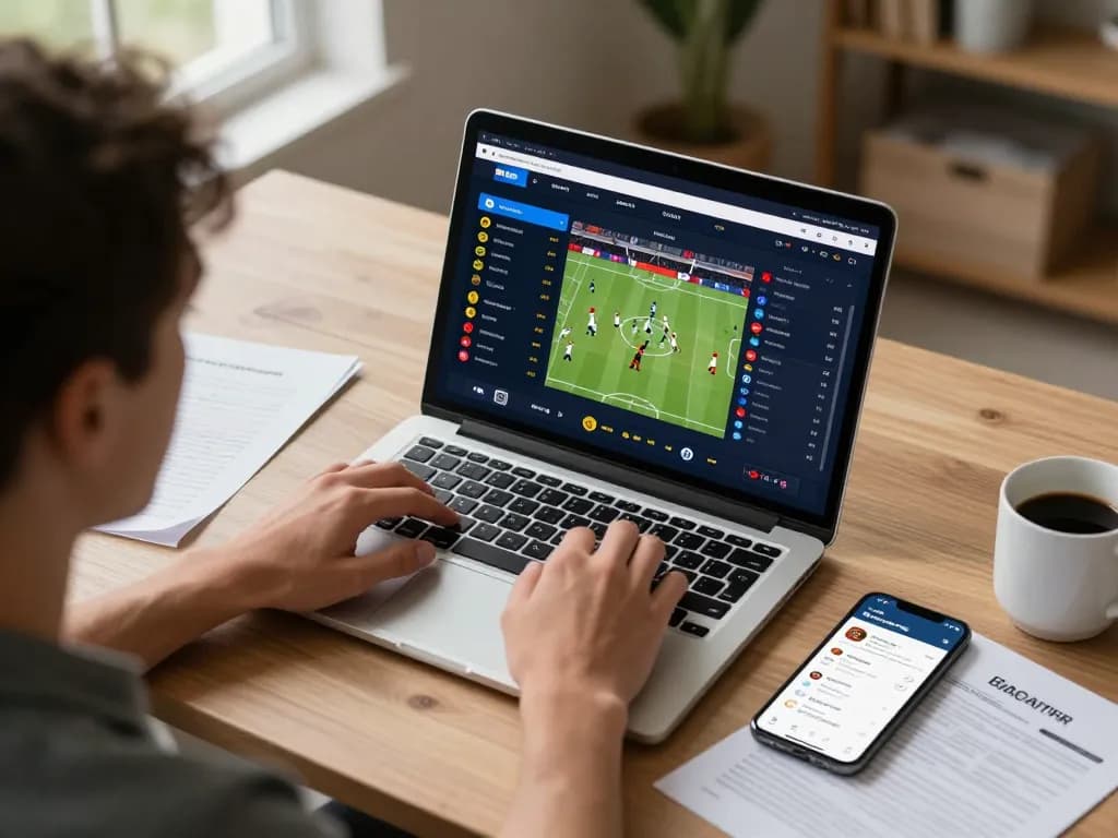 Xibetgame user placing bets on live sports with a laptop and smartphone at a modern desk.