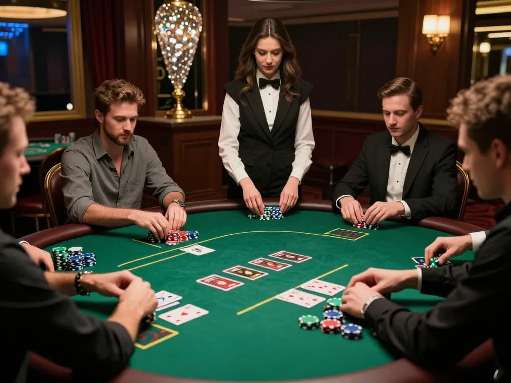 Engaged players at a nhà cái shbet poker table analyze their hands in a stylish casino environment.
