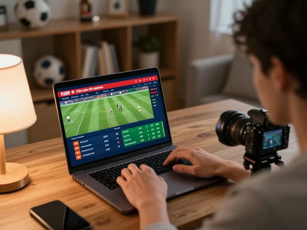 KQBD live betting scene featuring a person engaging with real-time sports scores and betting options on their laptop, cozy home atmosphere.