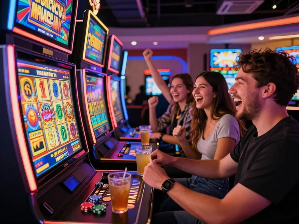 Exciting online gaming at VEGASSLOT77 with friends enjoying colorful slot machines and vibrant atmosphere.