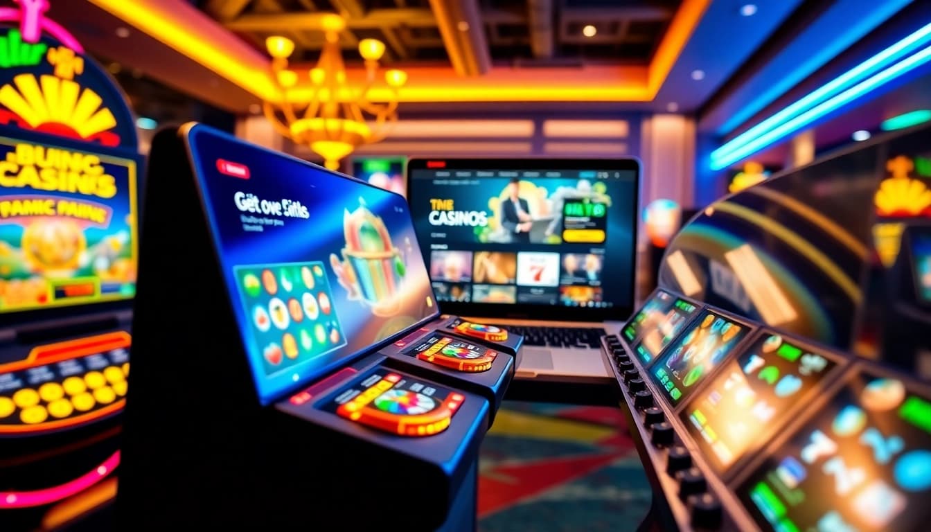 Engage with Non gamstop casino Uk options, featuring exciting slot machines and a laptop display.