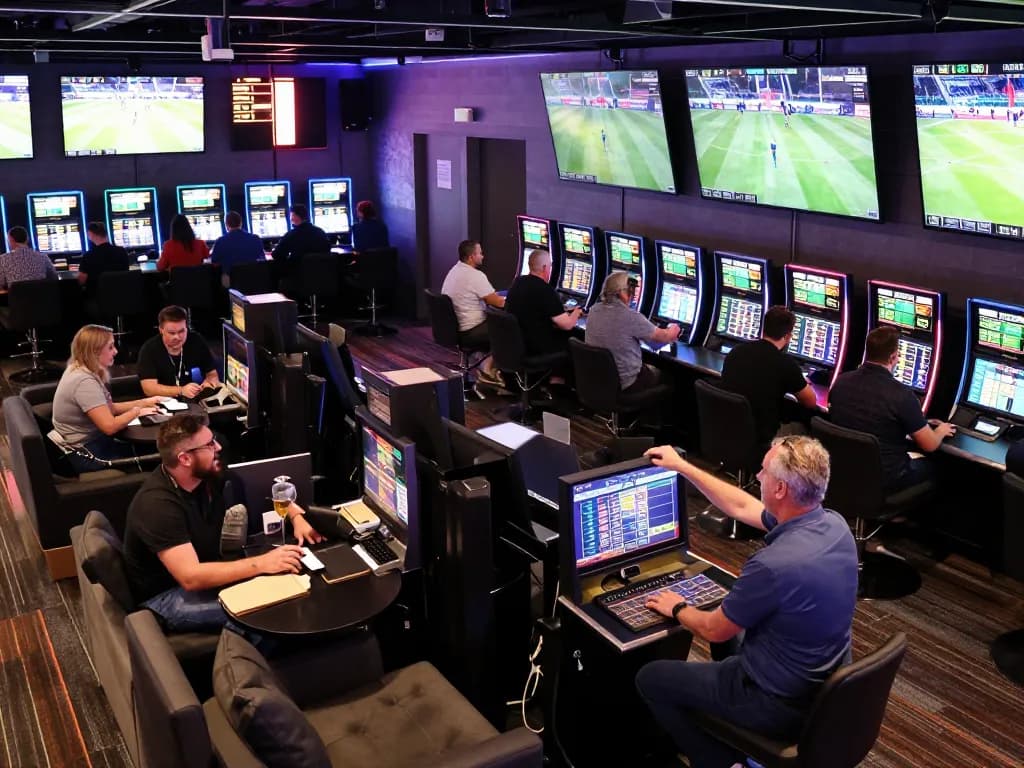 Engaged bettors using bk8 app for live sports betting in a vibrant lounge.