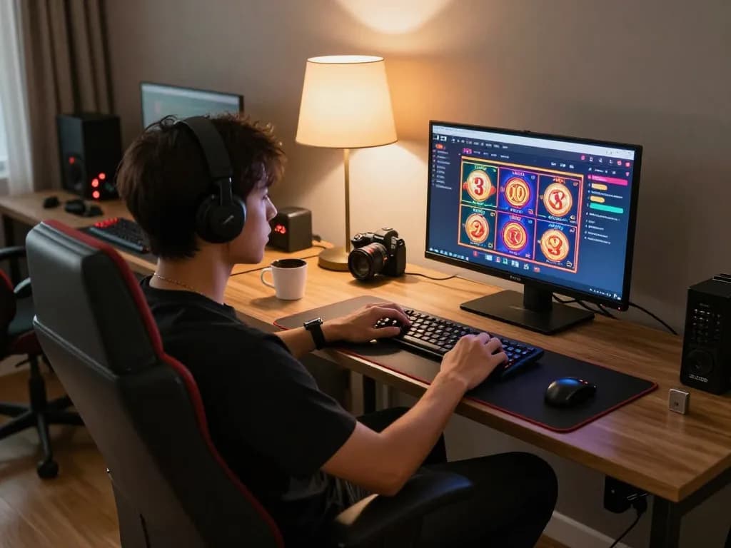 3Win player engaging in vibrant online casino gameplay, stylish setup enhances the gaming strategy experience.