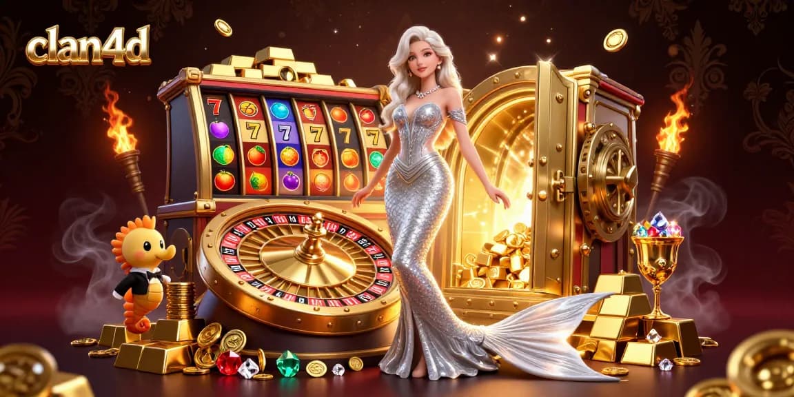 Engage in adventure with clan4d, featuring a glamorous woman beside a golden roulette wheel, vibrant slot reels, and treasure.