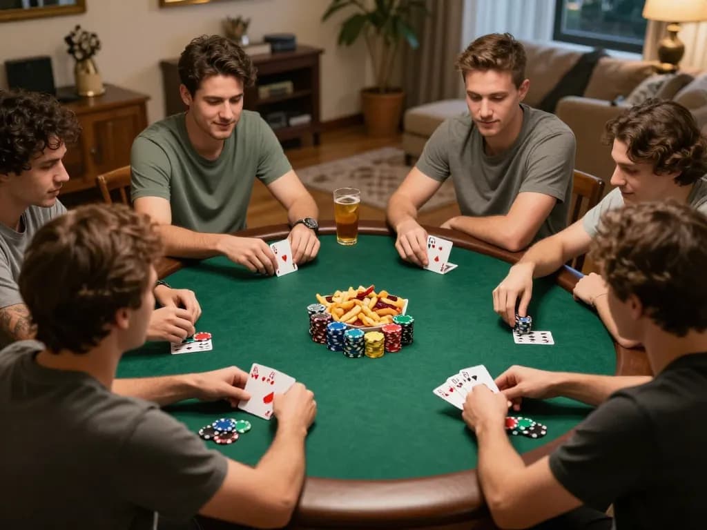 Home poker night excitement with friends using JPTOTO strategies at the table, chips stacked high.