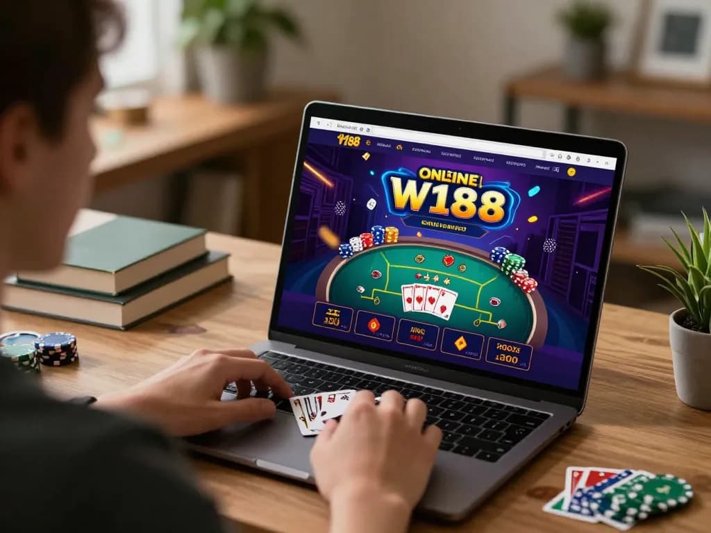 Player interacting with W188 online casino interface, showcasing an immersive betting experience from home