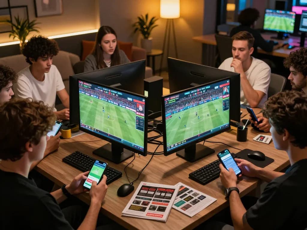 28bet players intensely engaging in sports betting with mobile apps on their smartphones, showcasing an exciting and modern gaming atmosphere